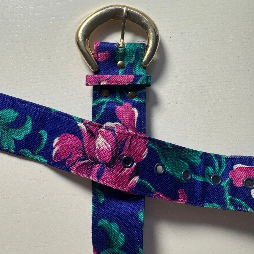 Vtg 80s Blue Floral Wide Waist Fabric Belt Gold Buckle Pink Botanical Maximalist